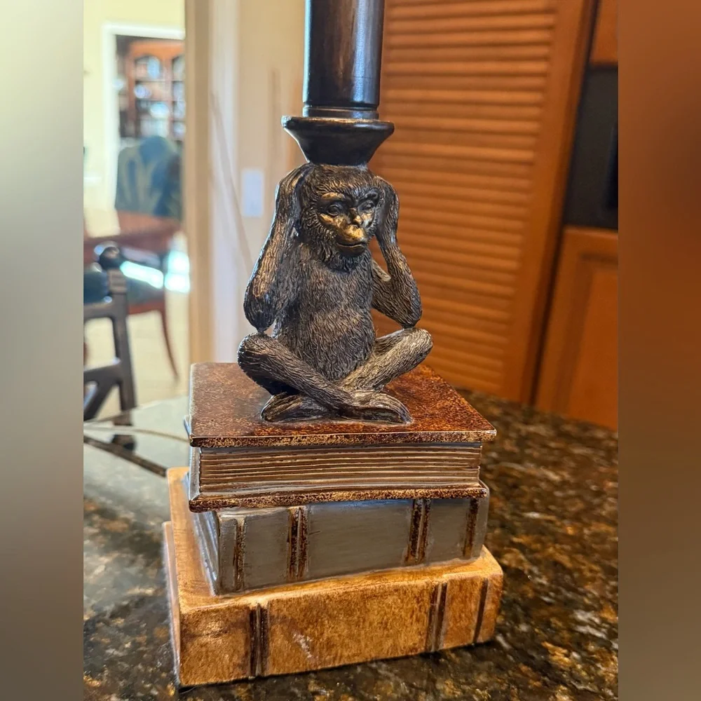 Rare Vintage Monkey on Stacked Books Buffet Lamp with Unique Striped Shade